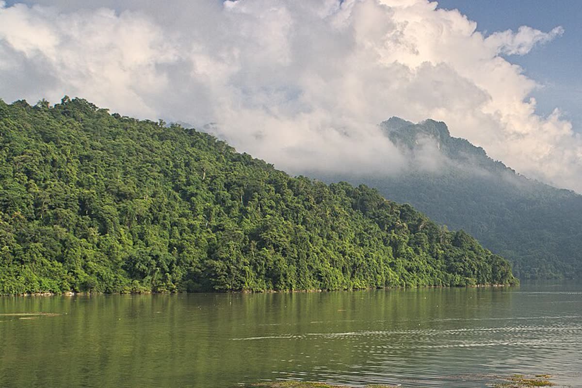Forested mountain slope along Ba Be Lake, with a rocky peak in cloud