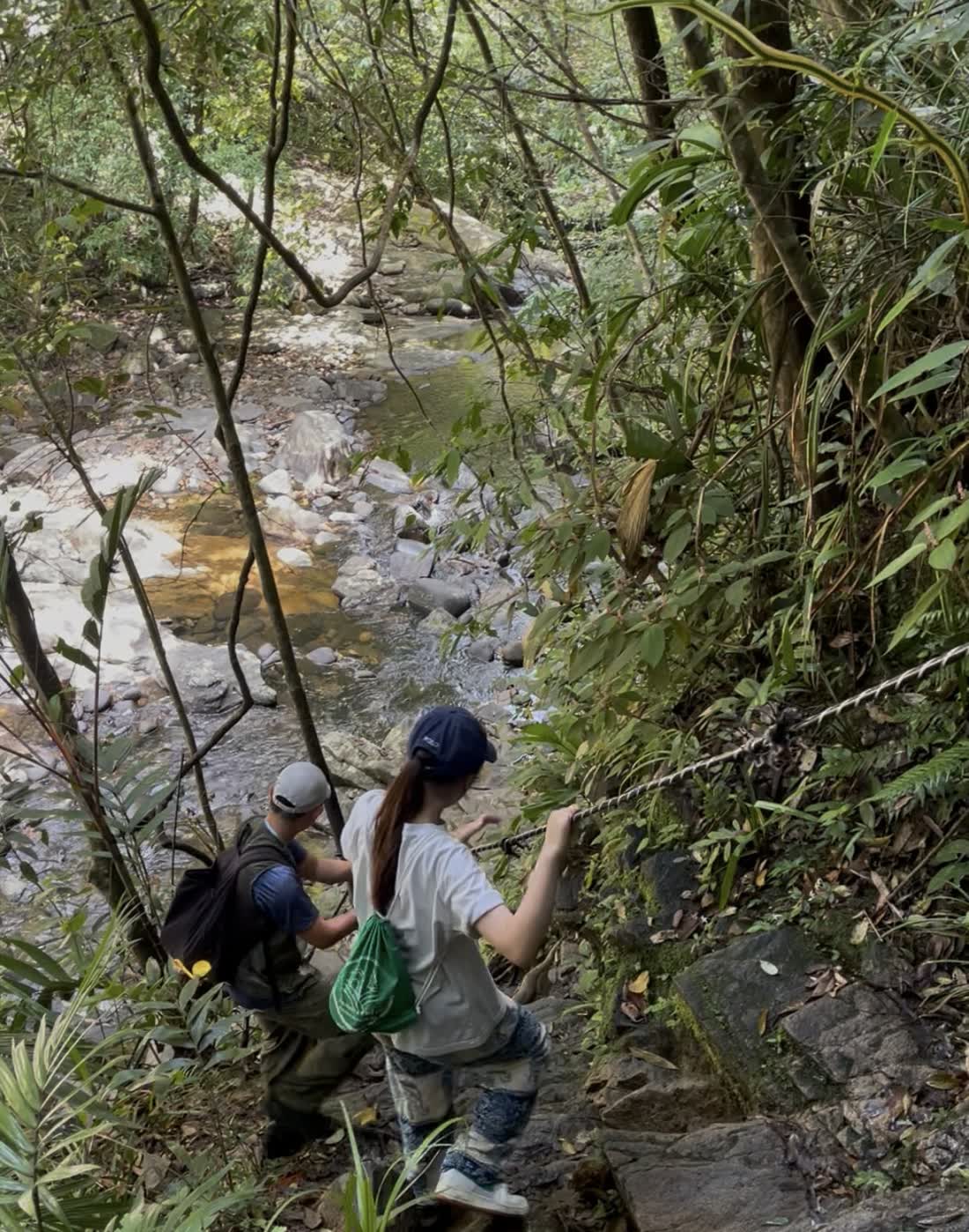 Two people climbing stone steps on a rope beside a forest stream in Bach Ma National Park