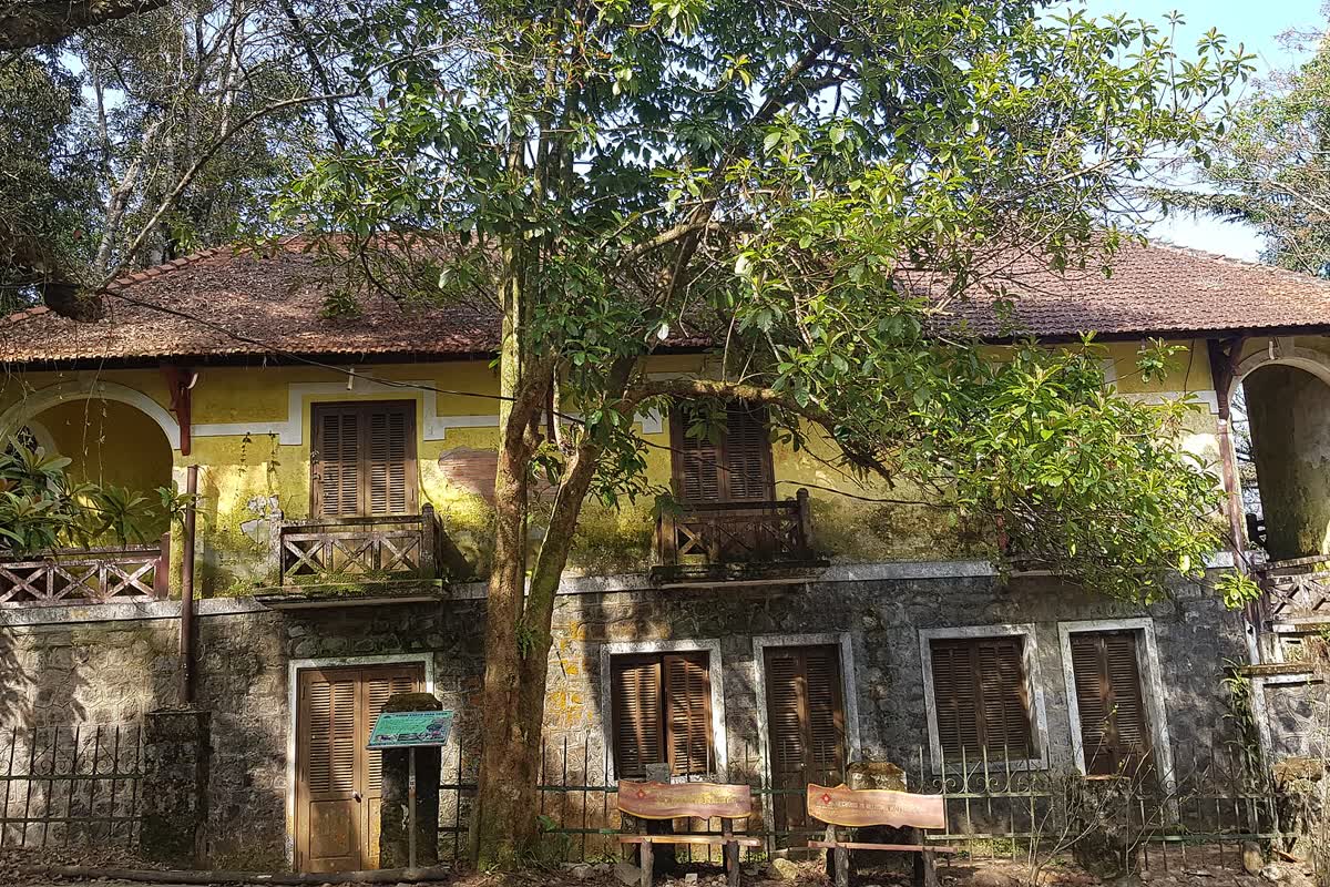 Front of a yellow and stone villa among trees at Bach Ma