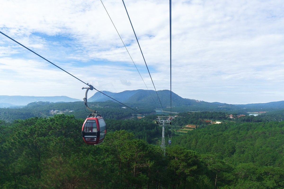 Red cable car cabin above the pine forest near Da Lat
