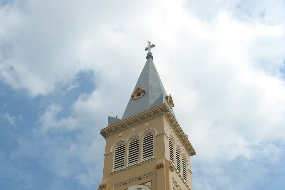 Looking up at the bell tower of Da Lat Cathedral