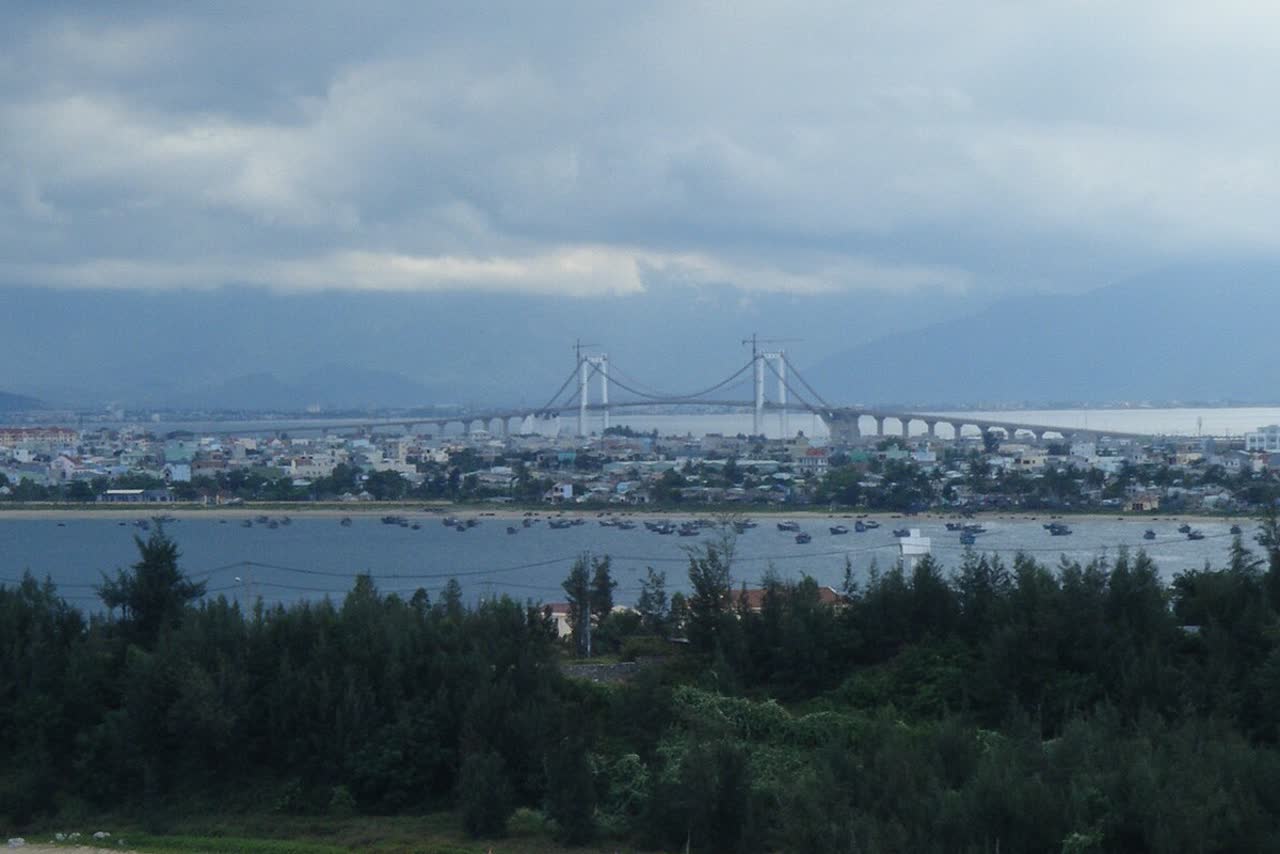 Thuan Phuoc Bridge seen from Son Tra, with trees in front of the span