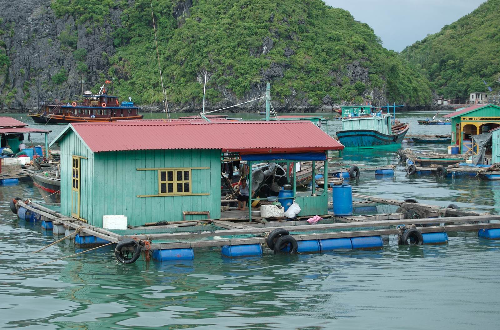 A green raft house with a red roof among fishing boats in a Ha Long floating village