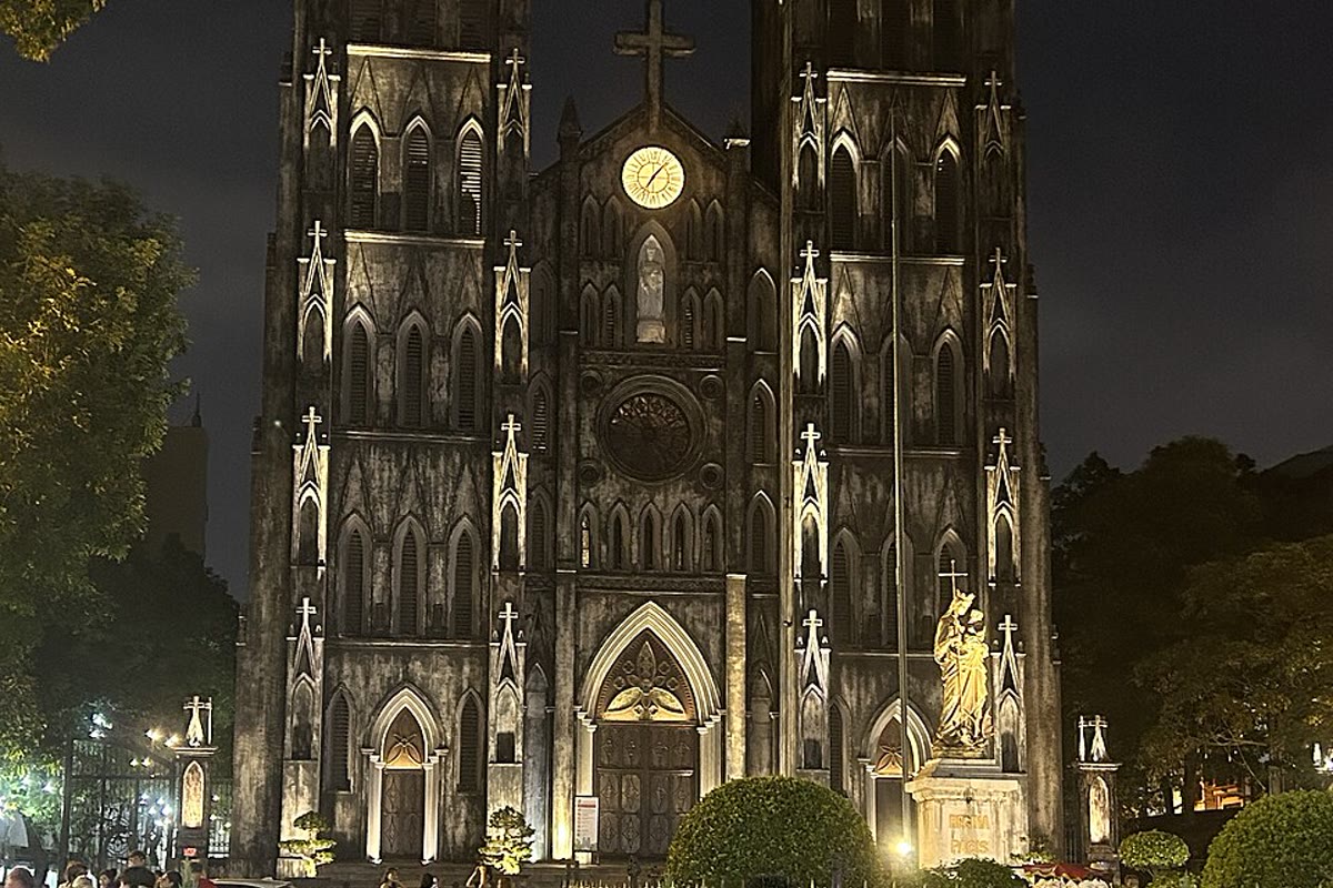 St Joseph's Cathedral in Hanoi lit at night