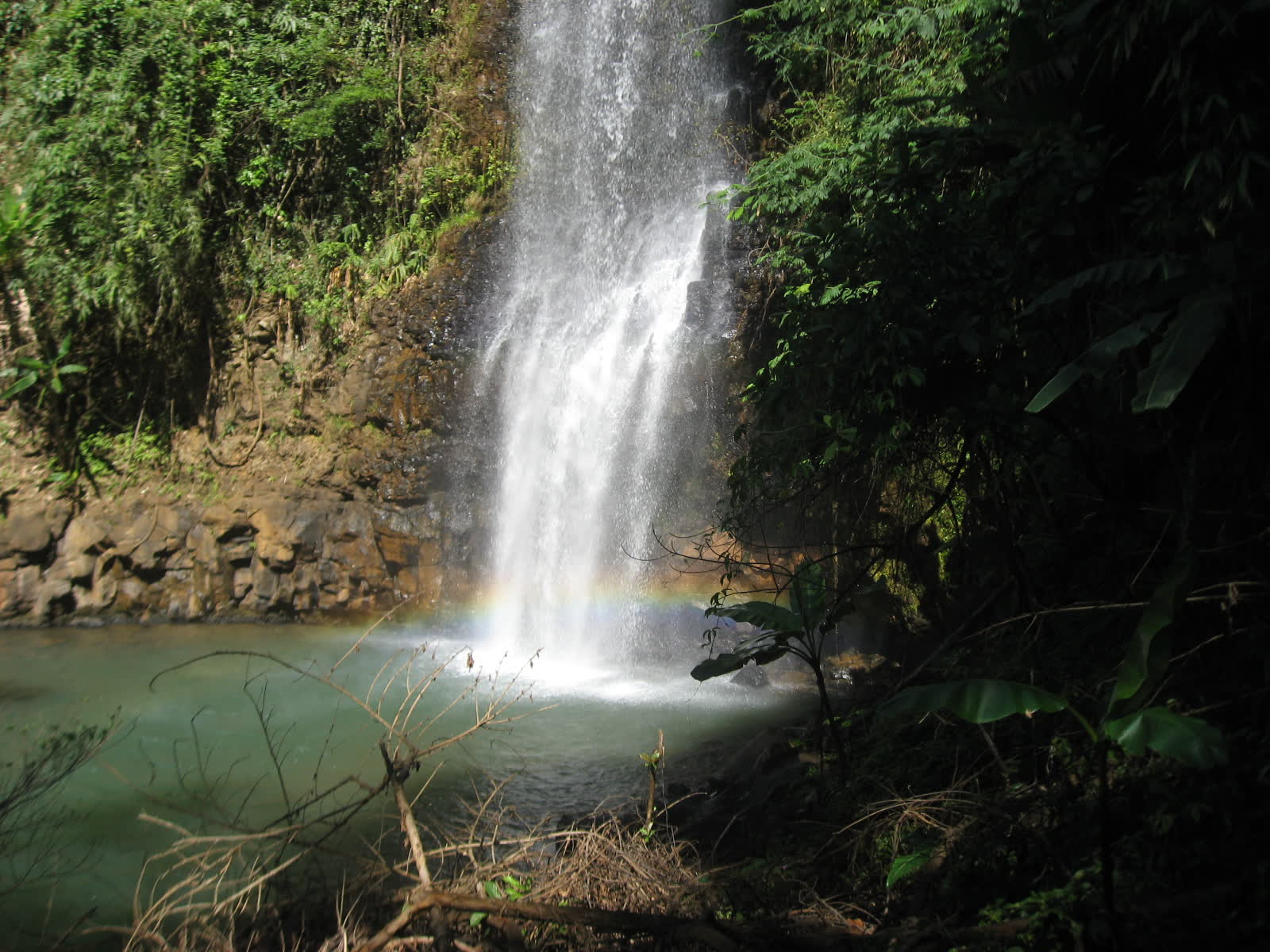 Pa Sy waterfall dropping into a green pool, with forest close around the water