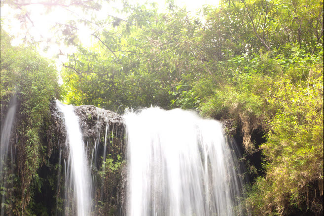White water leaving a dark rock lip at Dai Yem, with forest on both sides