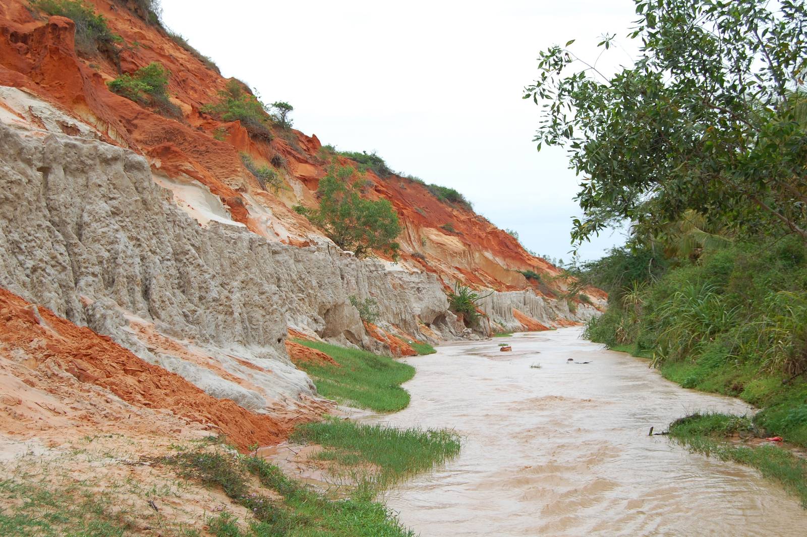 Red and pale clay banks beside the Fairy Stream at Mui Ne