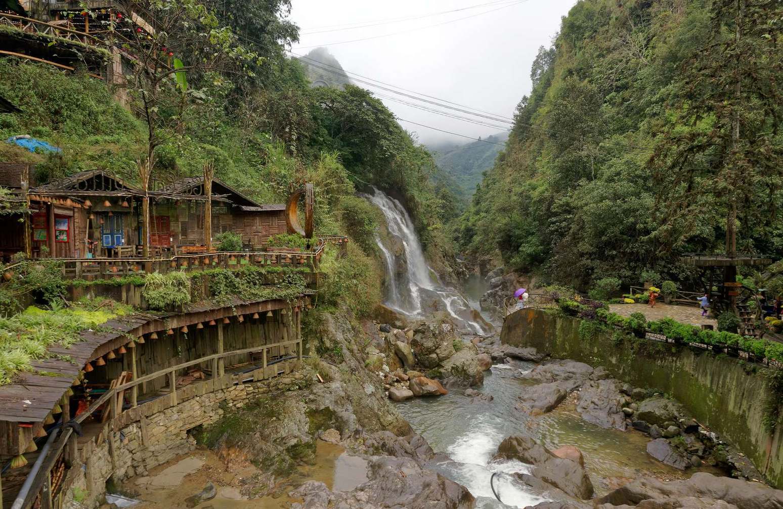 The fall, the stream, and the walkways at Cat Cat